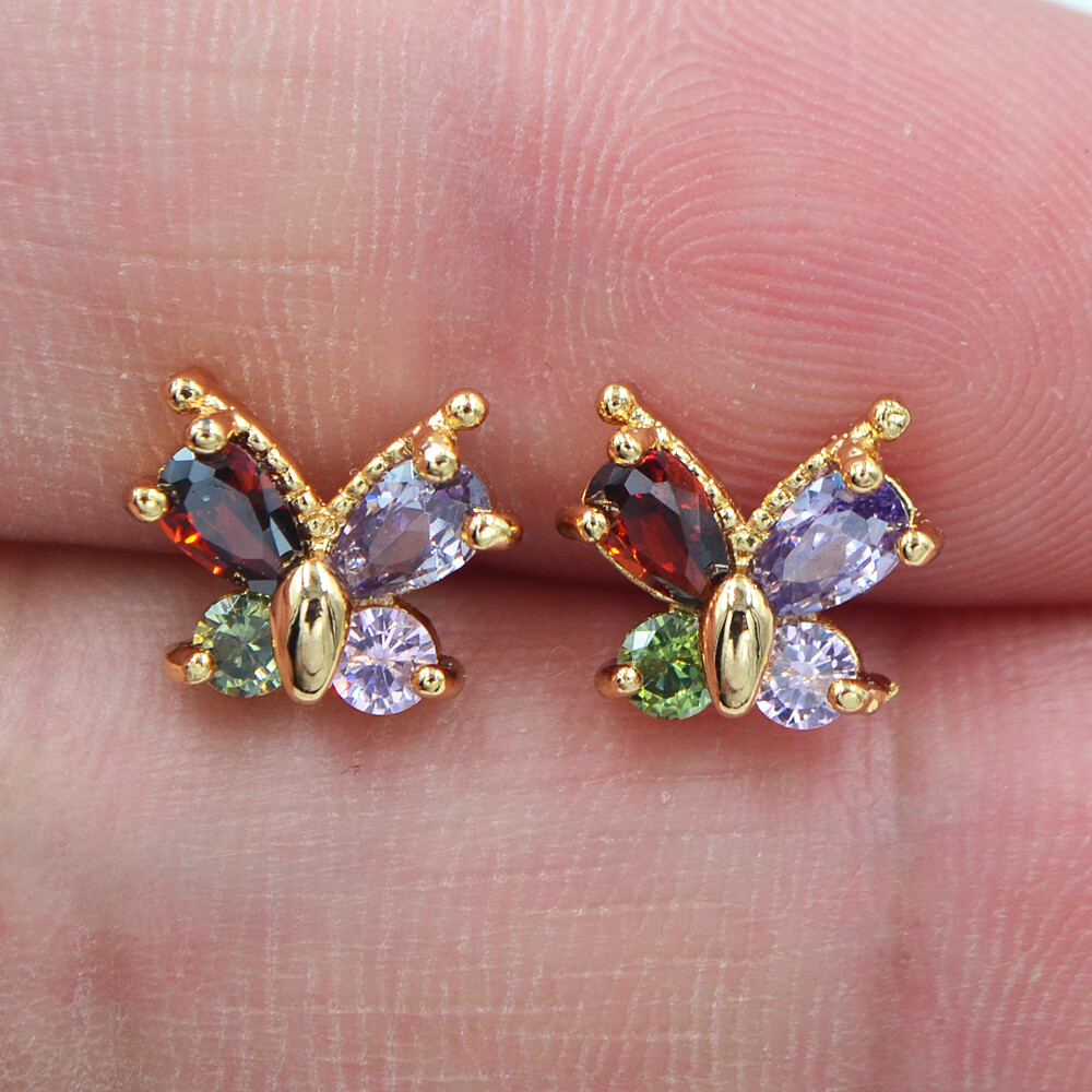 18K Yellow Gold Filled Women Multicolor Topaz Cute Butterfly Stud Earrings