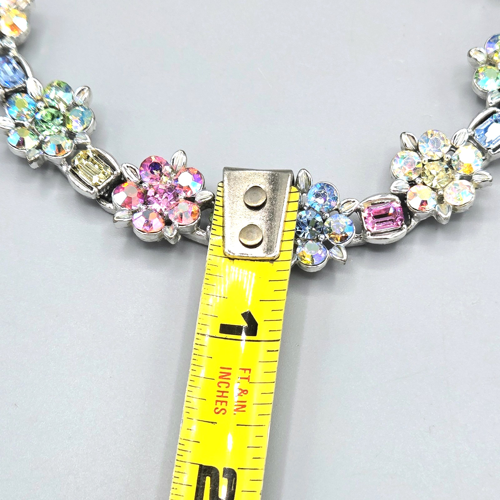 Vintage Unsigned Lisner Pastel Fruit Salad Rhinestone Silver Tone Necklace 17″