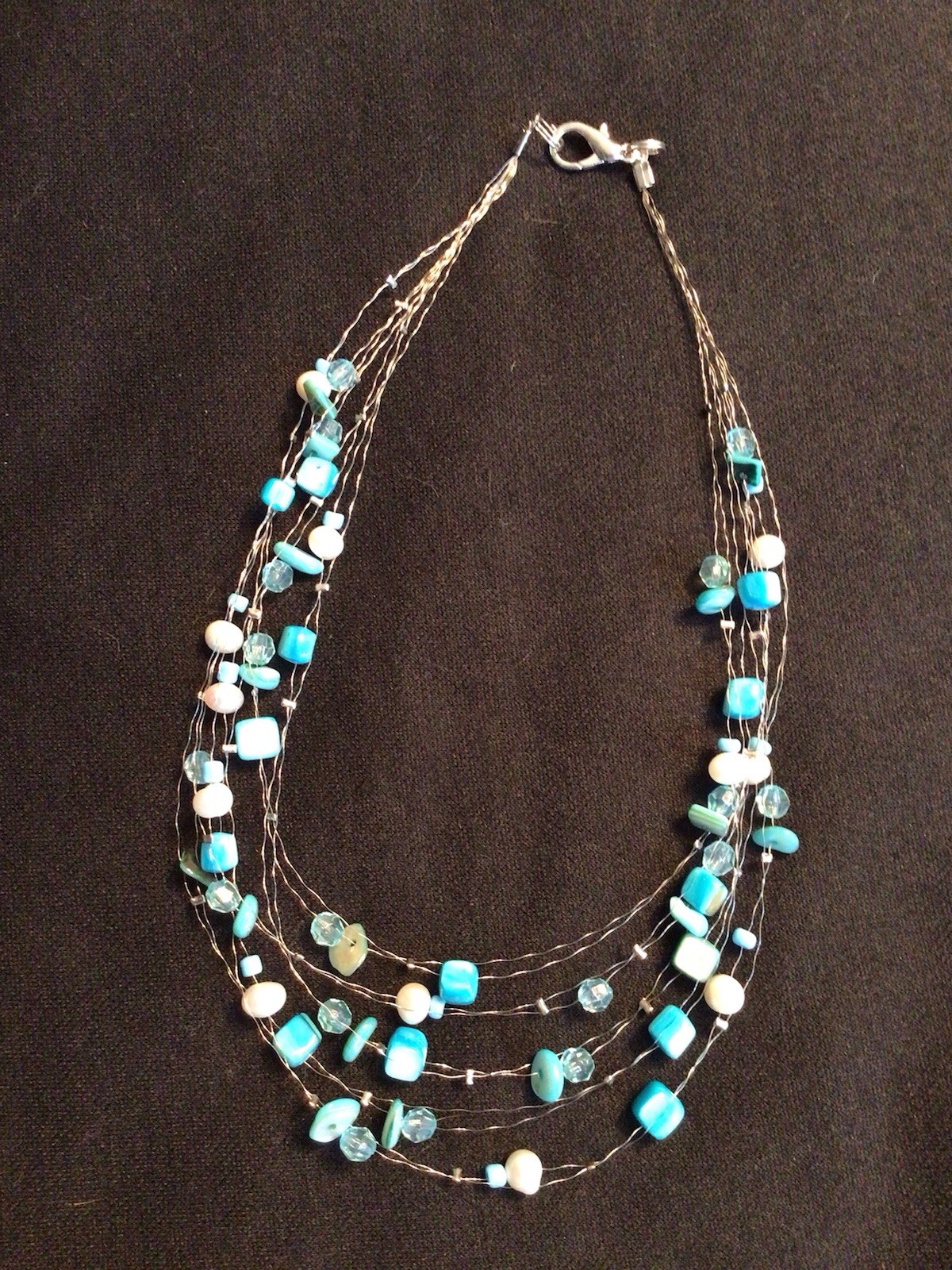 NEW 16” Five Strand Wire Fashion Necklace White & Aqua Beads Varied Shapes Sizes