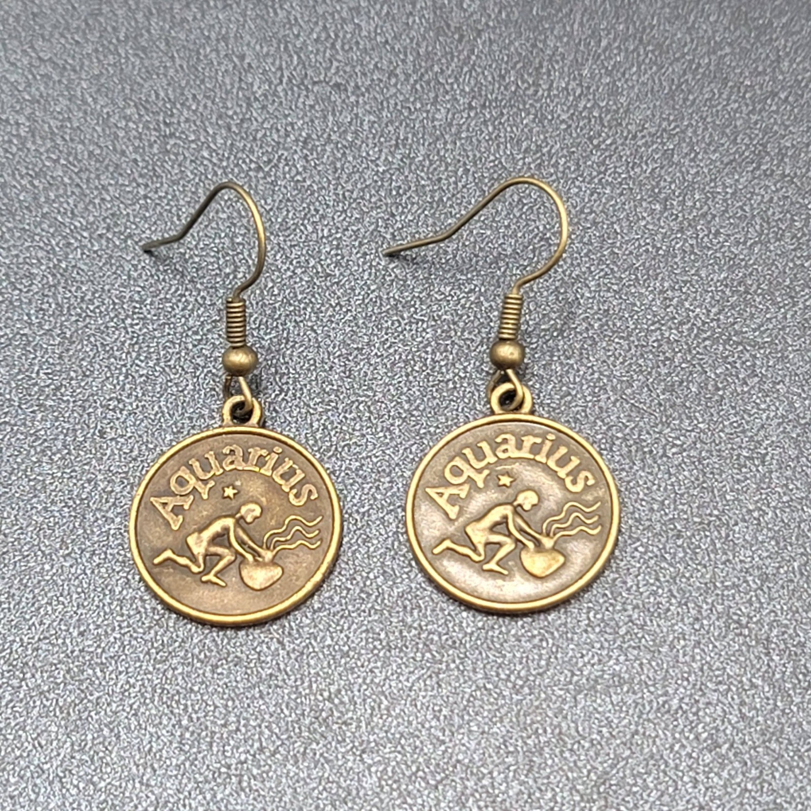 Zodiac Pierced Earrings Antiqued Gold tone Dangle Round 3/4″