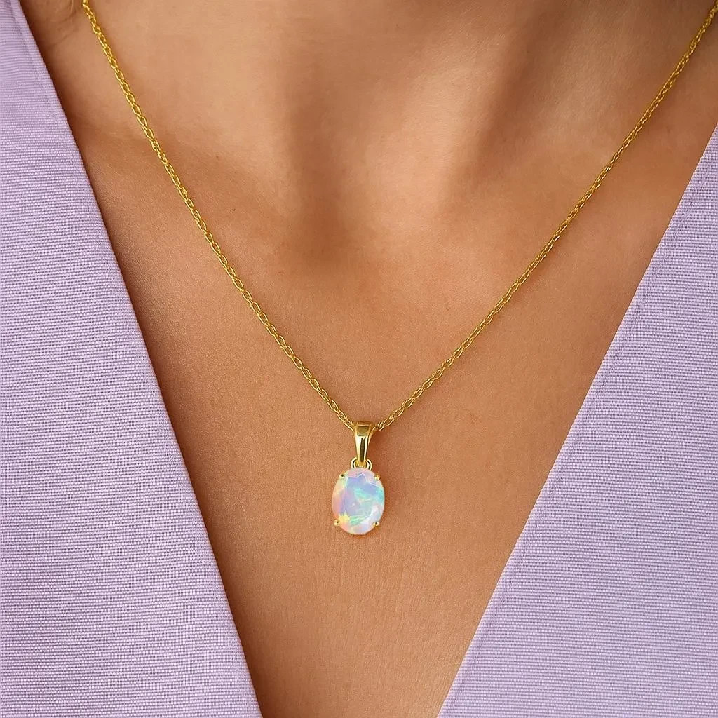 Fire White Opal Oval Gemstone Pendant Necklace, Ethiopian Opal Gemstone Silver