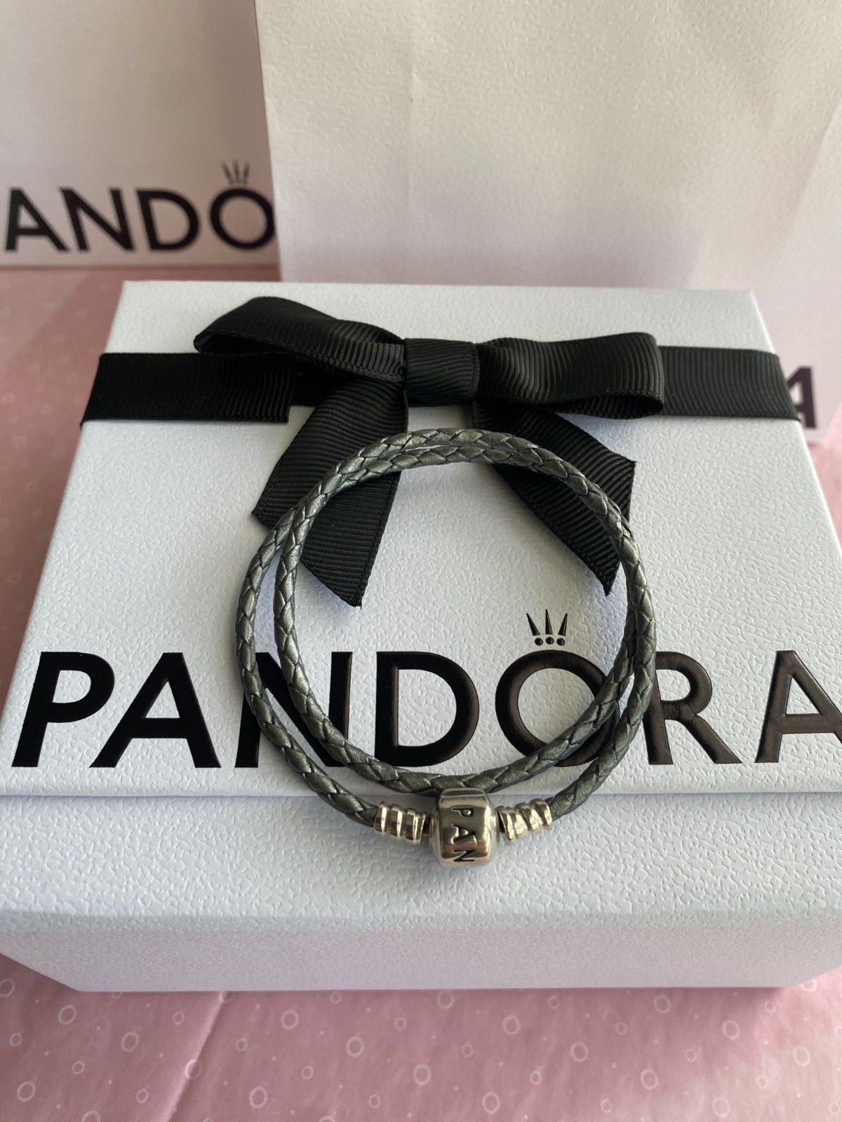 Authentic Pandora Moments Gray Leather Bracelet – ALE SS (S925)