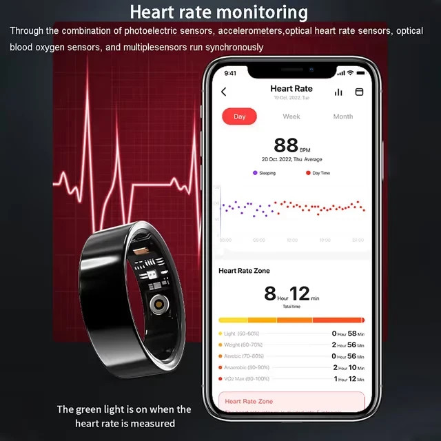 Smart Fitness Tracker Ring HR BP SpO2 Sleep Activity Monitor IP68 Gold Size 7