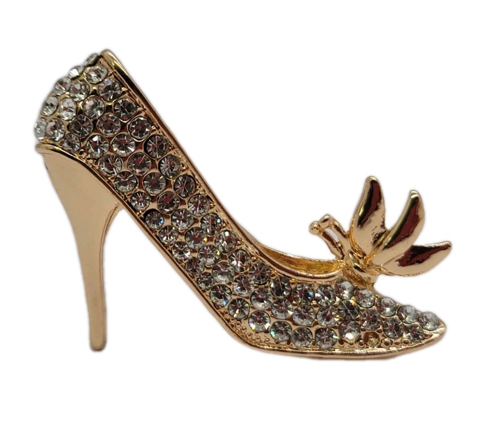 Gold-Tone High Heel Shoe Brooch with Clear Rhinestones & Butterfly Accent Ship