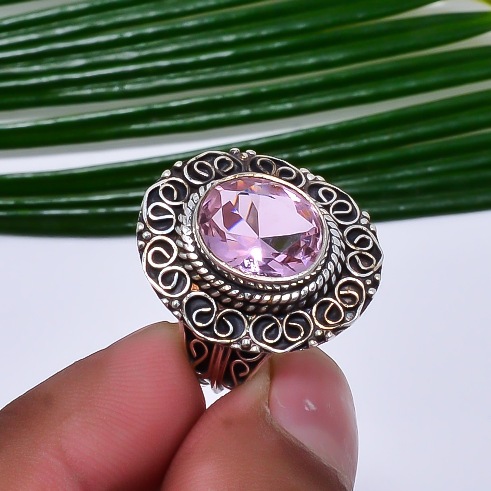 Pink Kunzite Fine Art Oxidised 925 Sterling Silver Ring S.8 R115654