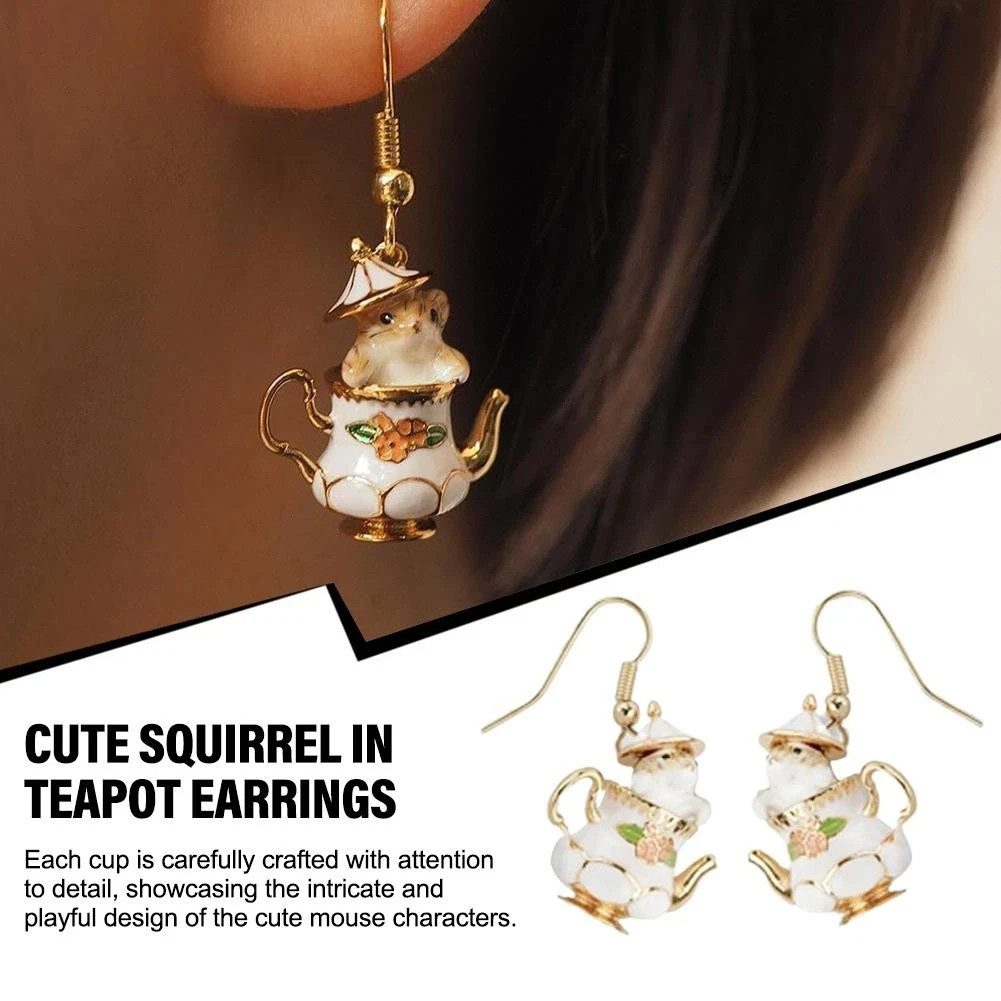 Mouse in Teapot Earrings – Whimsical Copper Novelty Earrings – Cute Tea Cup Dang