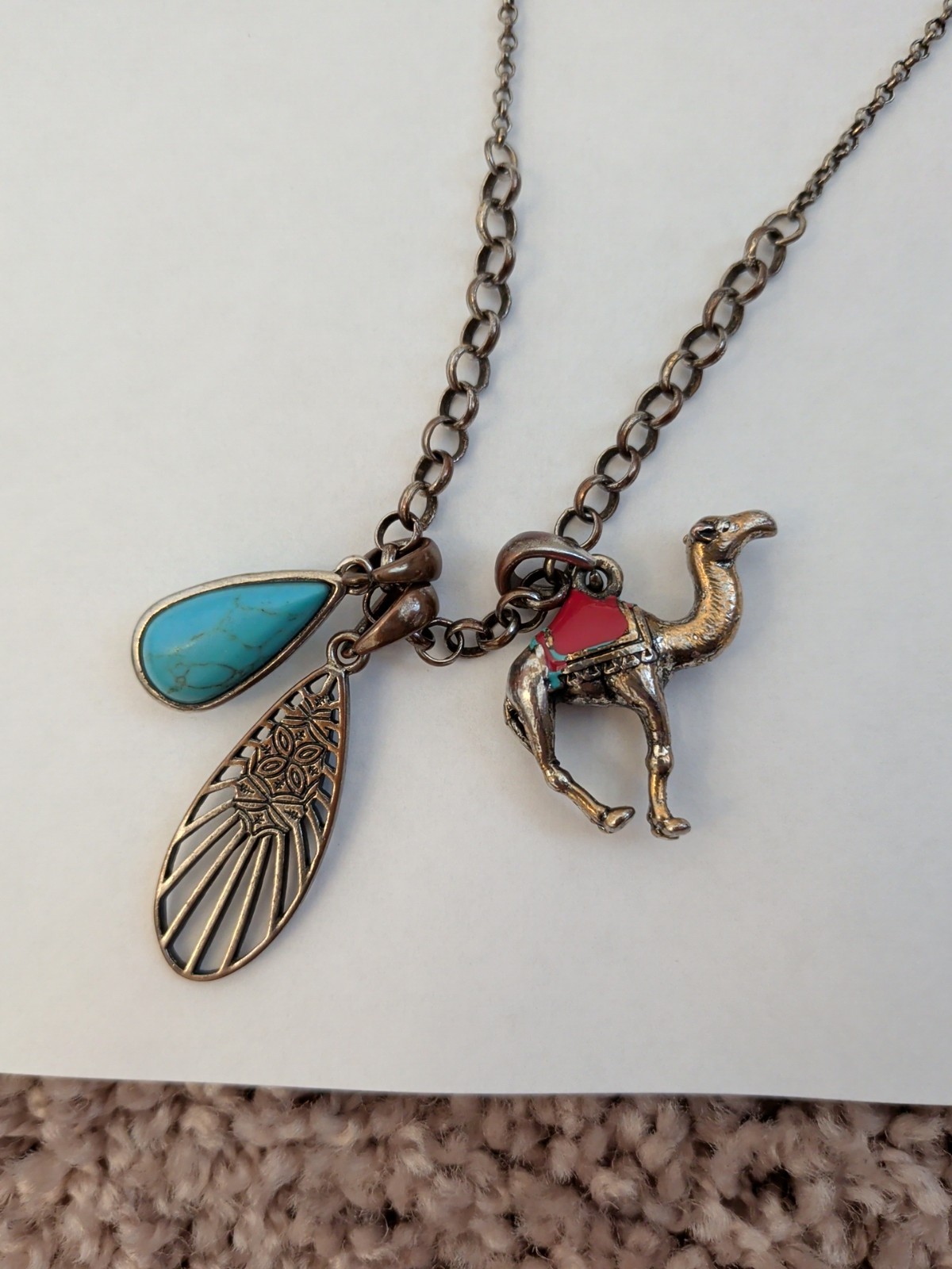 Rare Lucky Brand Boho Statement Necklace Turquoise Teardrop & Camel Charms