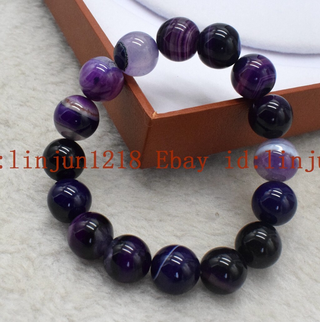 Pretty 8mm 10mm 12mm Purple Striped Agate Round Gemstone Bracelet 7.5” AAA