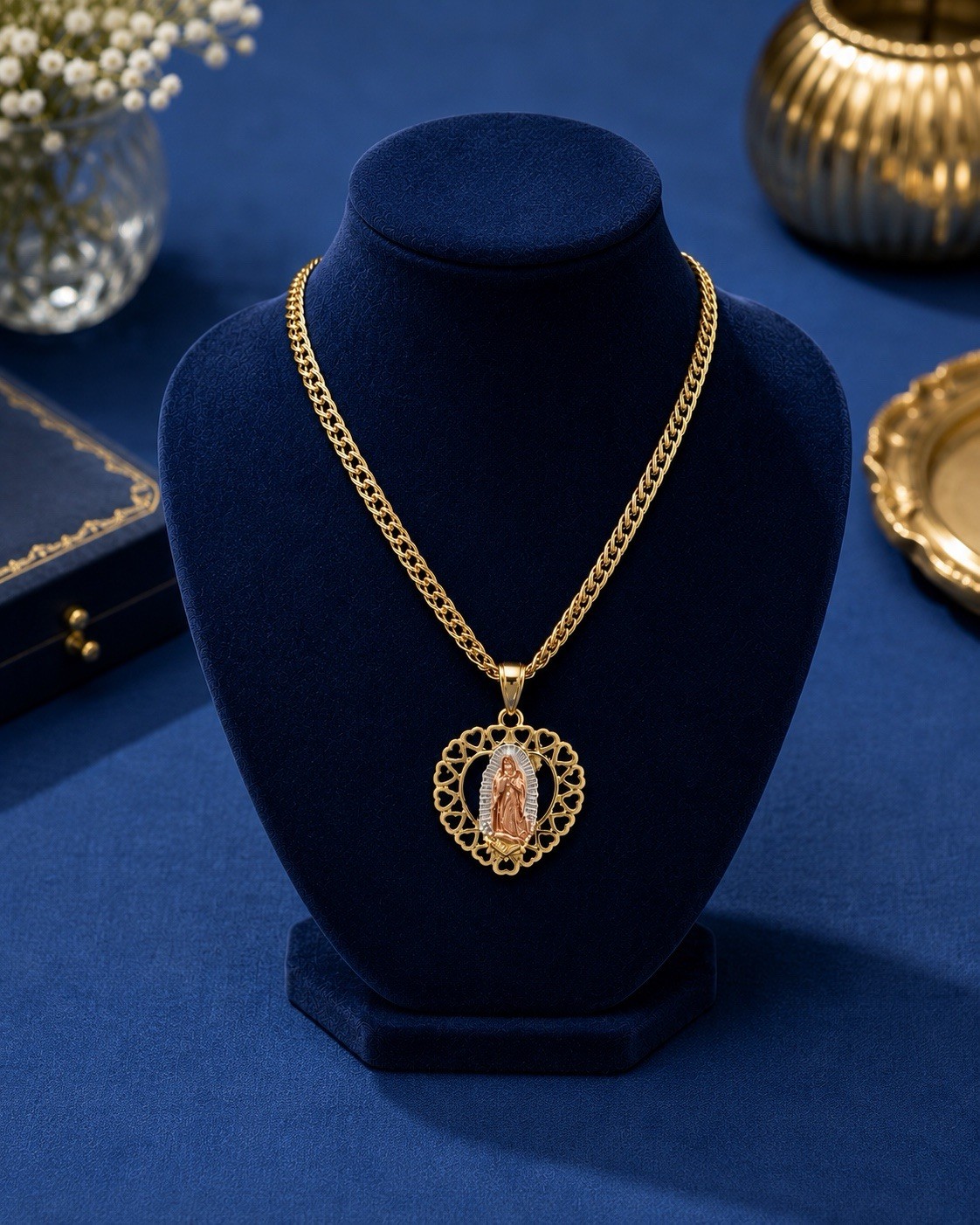Gold plated none tarnished Cuban Link Chain Round Religious Necklace