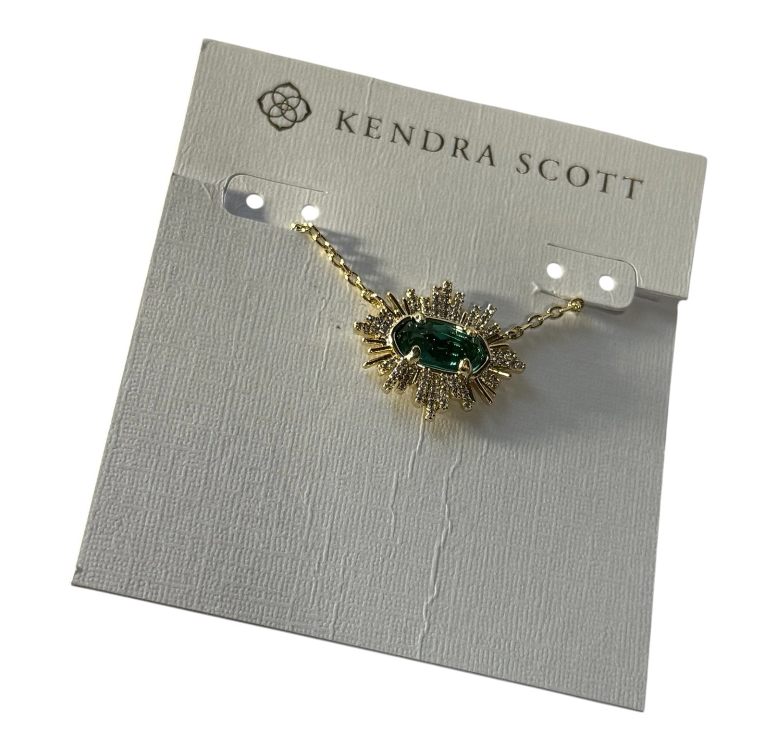 Kendra Scott Grayson Sunburst Frame Pendant Necklace Gold Green Glass-No Box!
