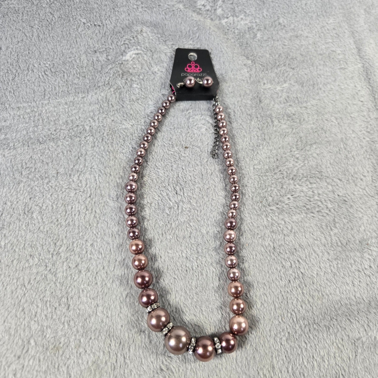 Paparazzi Mauve Purple Faux Pearl Graduated Necklace and Earring Set Rhinestone