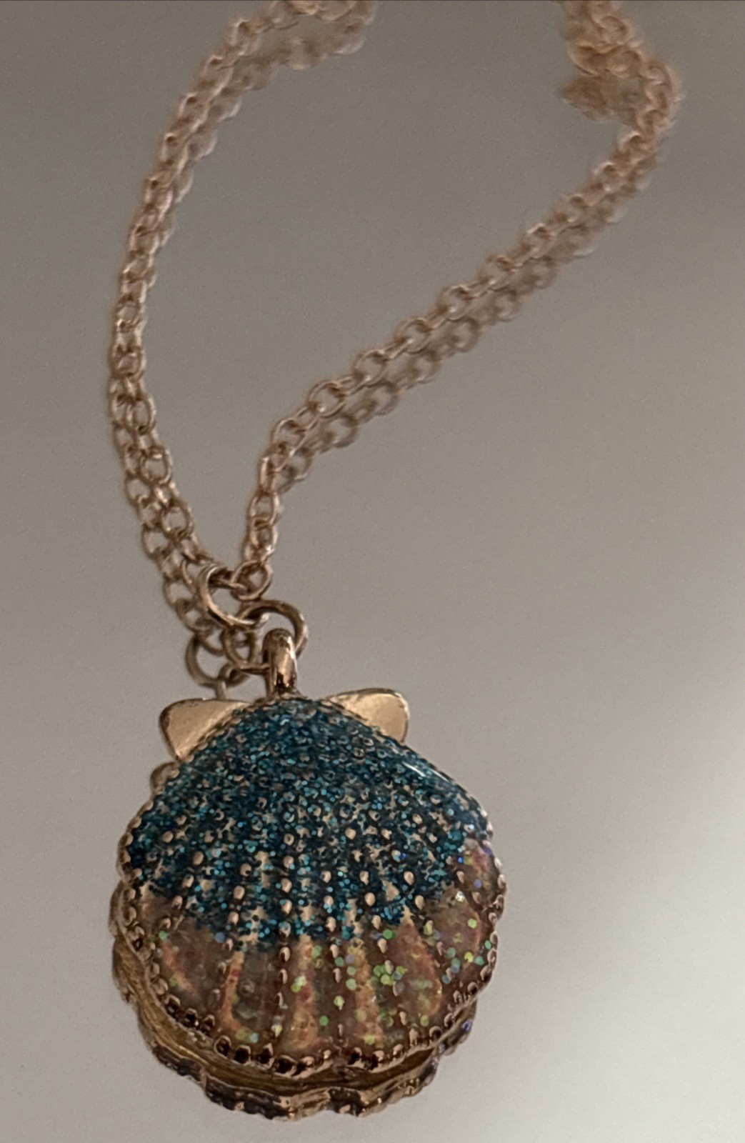 Clam Shell Enamel Necklace by Adult Jewels Silver Tone with Blue Stone BFF