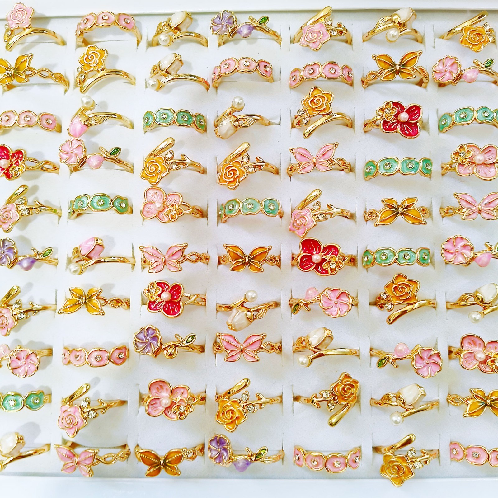Wholesale 50pcs Women Dripping Rhinestone Flower Mix Style Alloy Jewelry Ring
