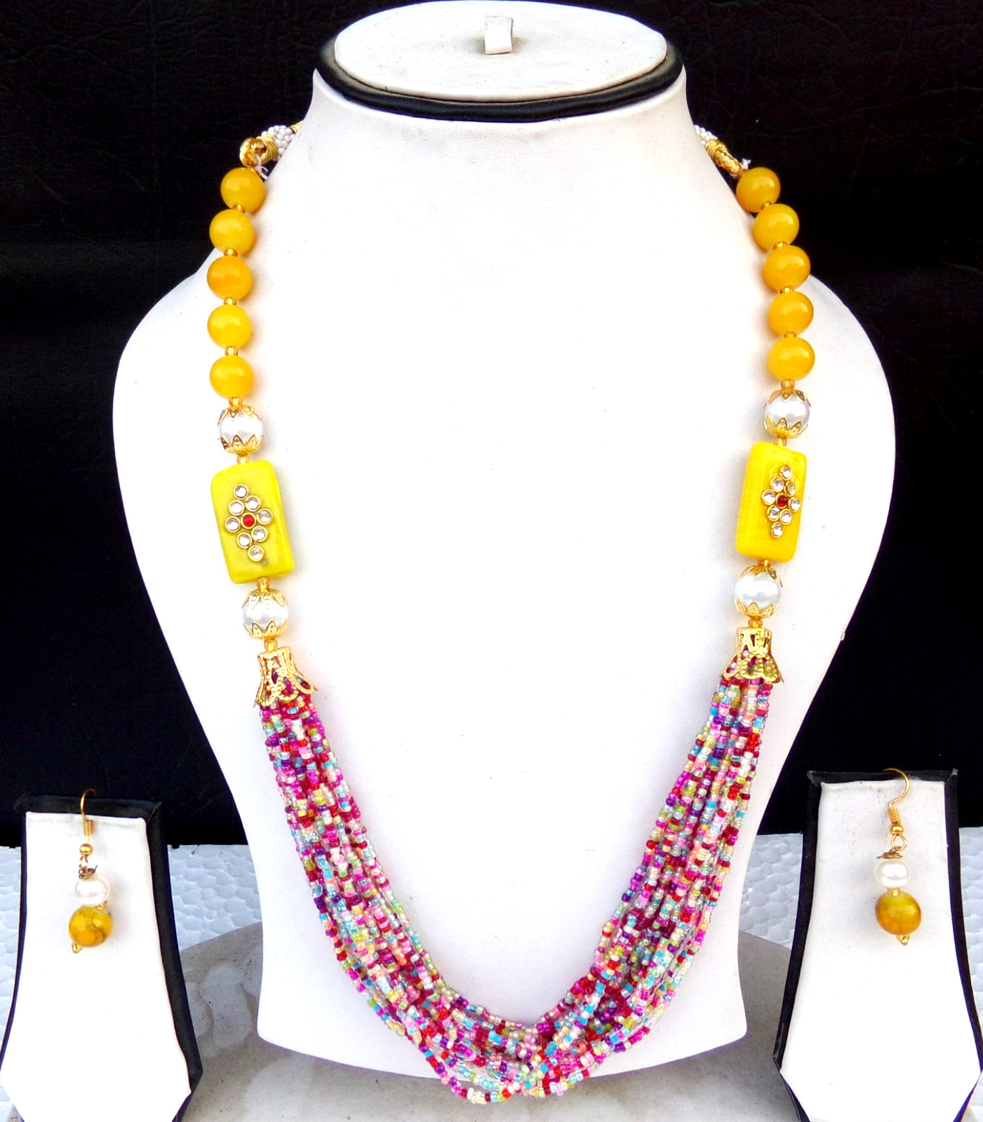 Indian Bollywood Gold Plated Pearls Mala Beaded CZ Necklace Earrings Jewelry Set