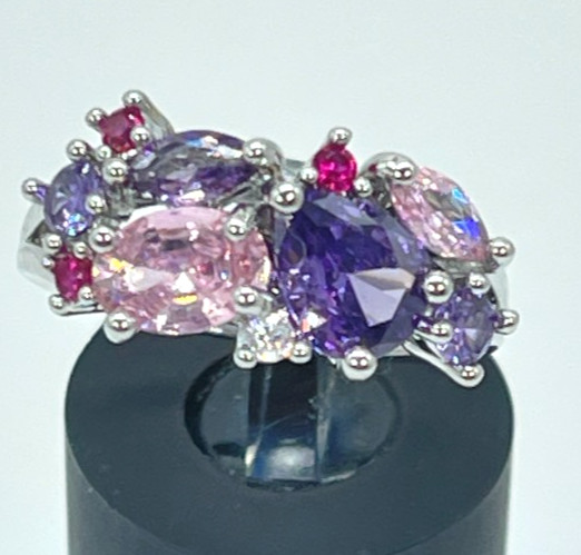 Ring Silver Tone Multicolor Cubic Zirconia Inlay Crystals Lush Prong Setting S6