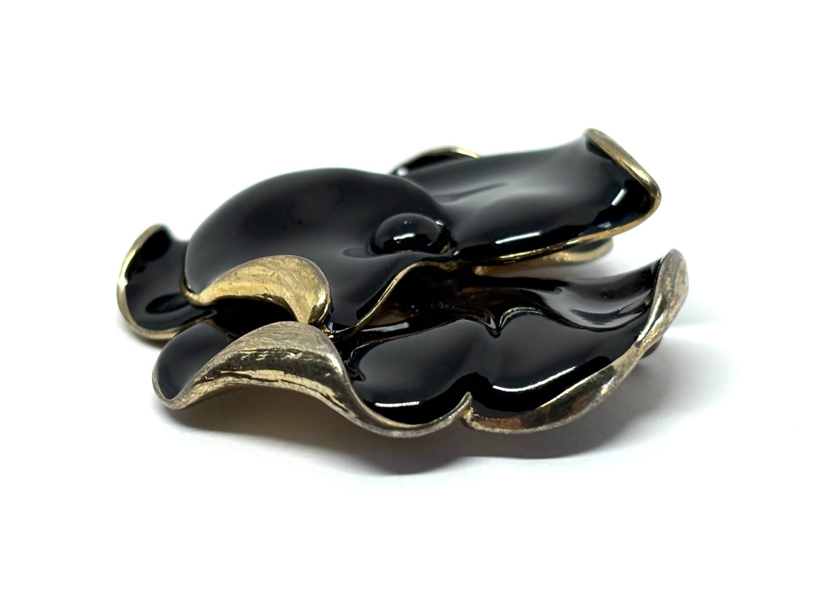 Large Black Enamel Gold Tone Flower Floral Camellia Pendant