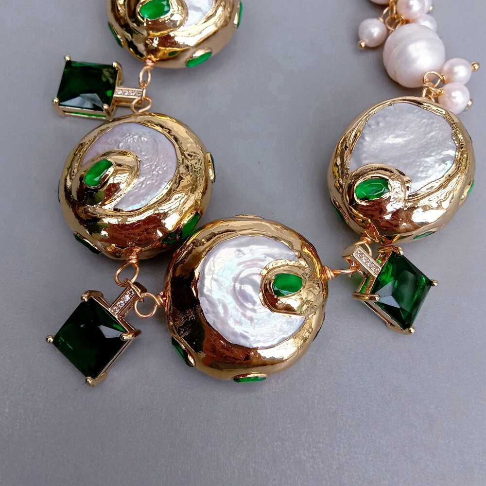 White Cultured Keshi Coin Pearl Green Cz Square Charm Bracelet Fashion Jewelry