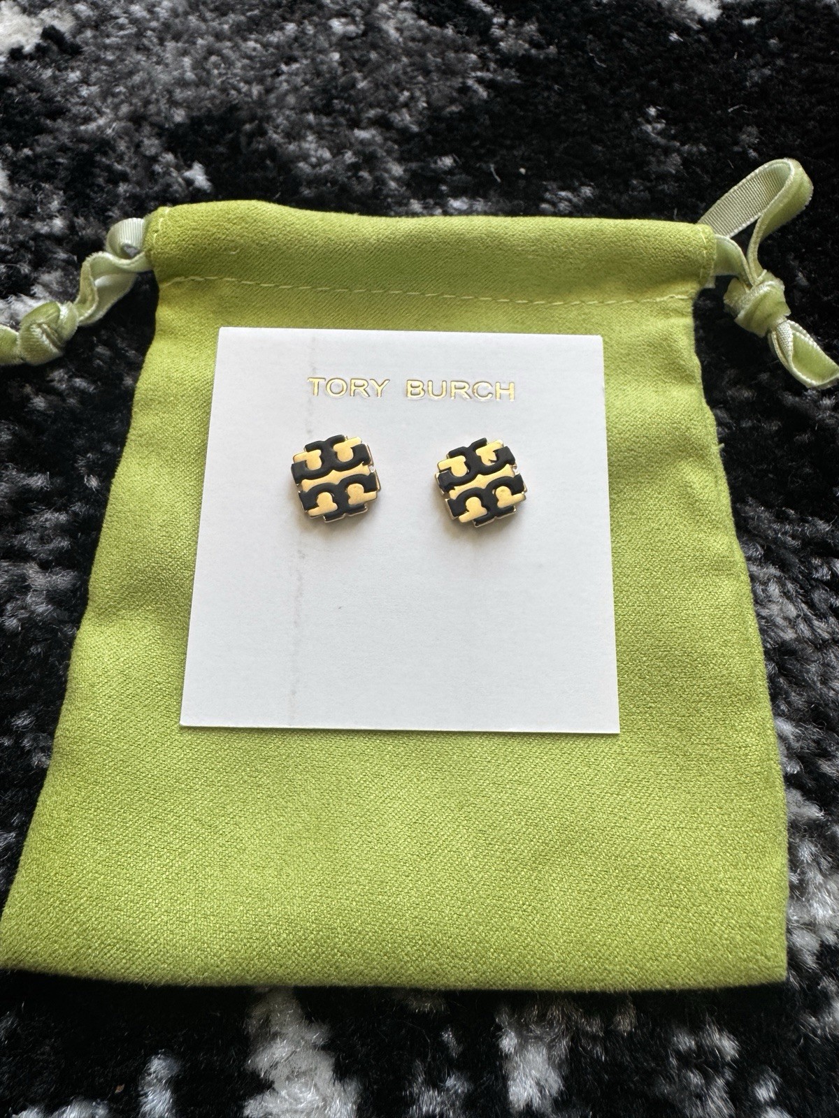 Tory Burch Square Logo Stud Earrings Black Enamel Gold Tone Metal Lobe