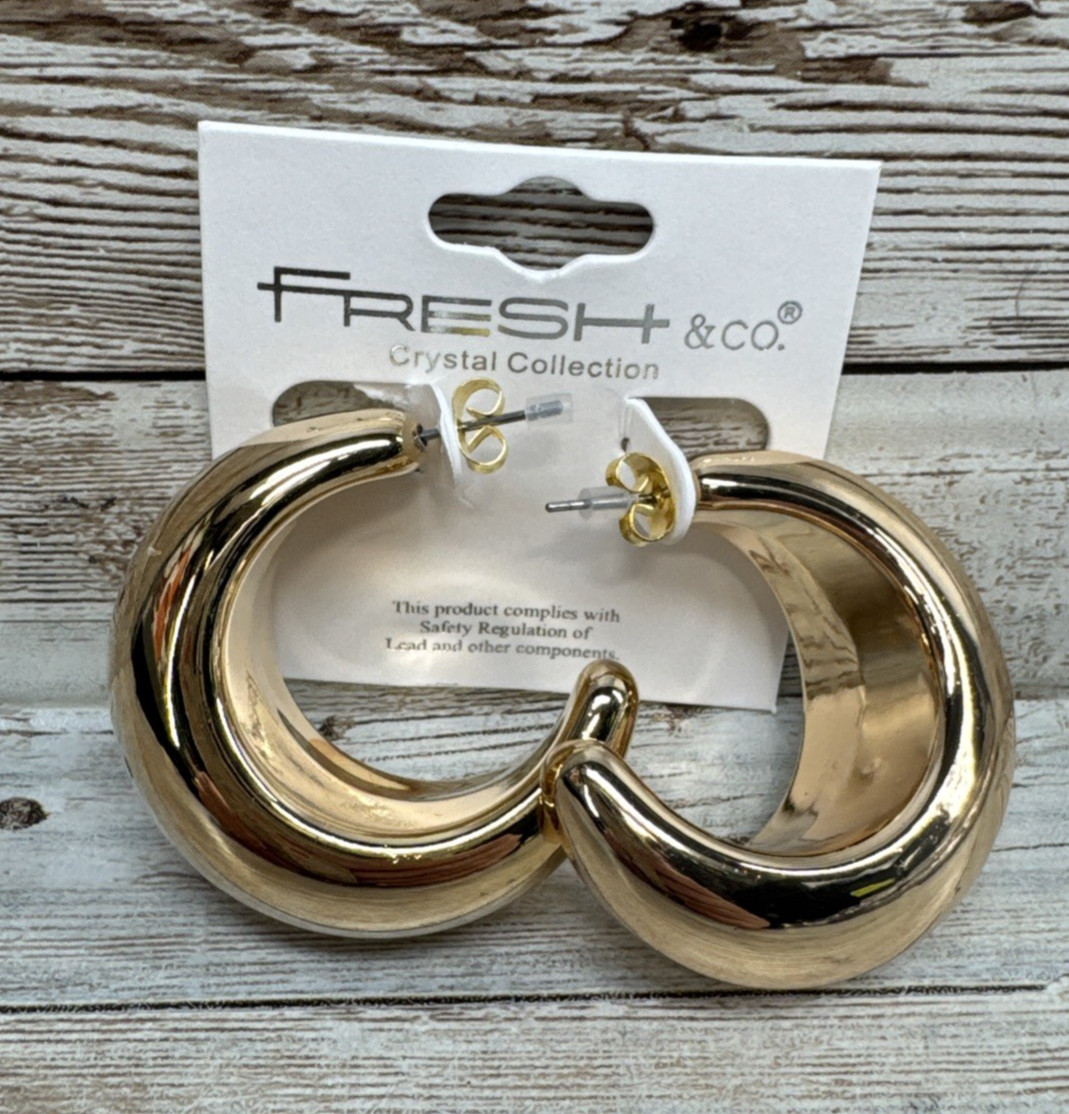 Fresh & CO. Crystal Collection Gold Chunky earrings C-Hoop Style New in Package