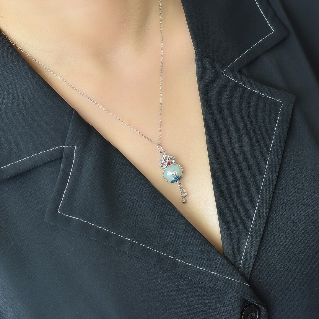 925 Silver with Hetian Jade egg face Fukushou Qi Ling tassel enamel pendant
