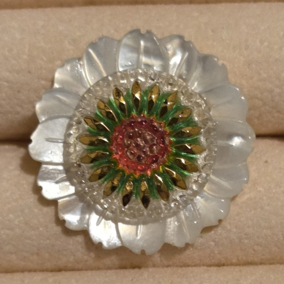 Pink, Green, And White Czech Glass Button & Mother Of Pearl Flower Brooch Pin