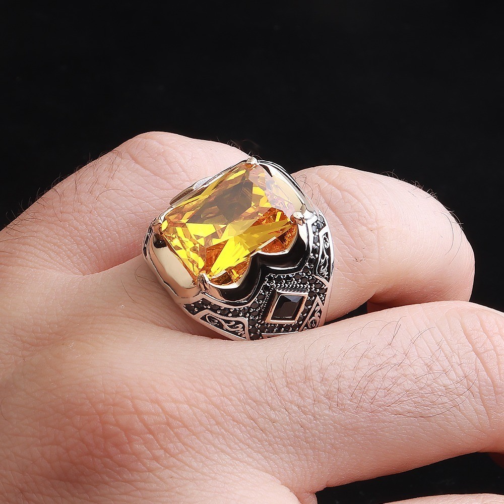 Simulated Orange Citrine Ring Turkish Handmade 925 Sterling Silver Men’s Ring 03