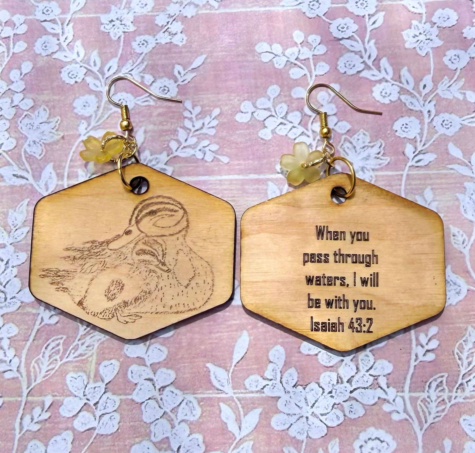 Hardwood, hexagon, ￼ducks, Engraved Scripture Isaiah 43:2, hypoallergenic