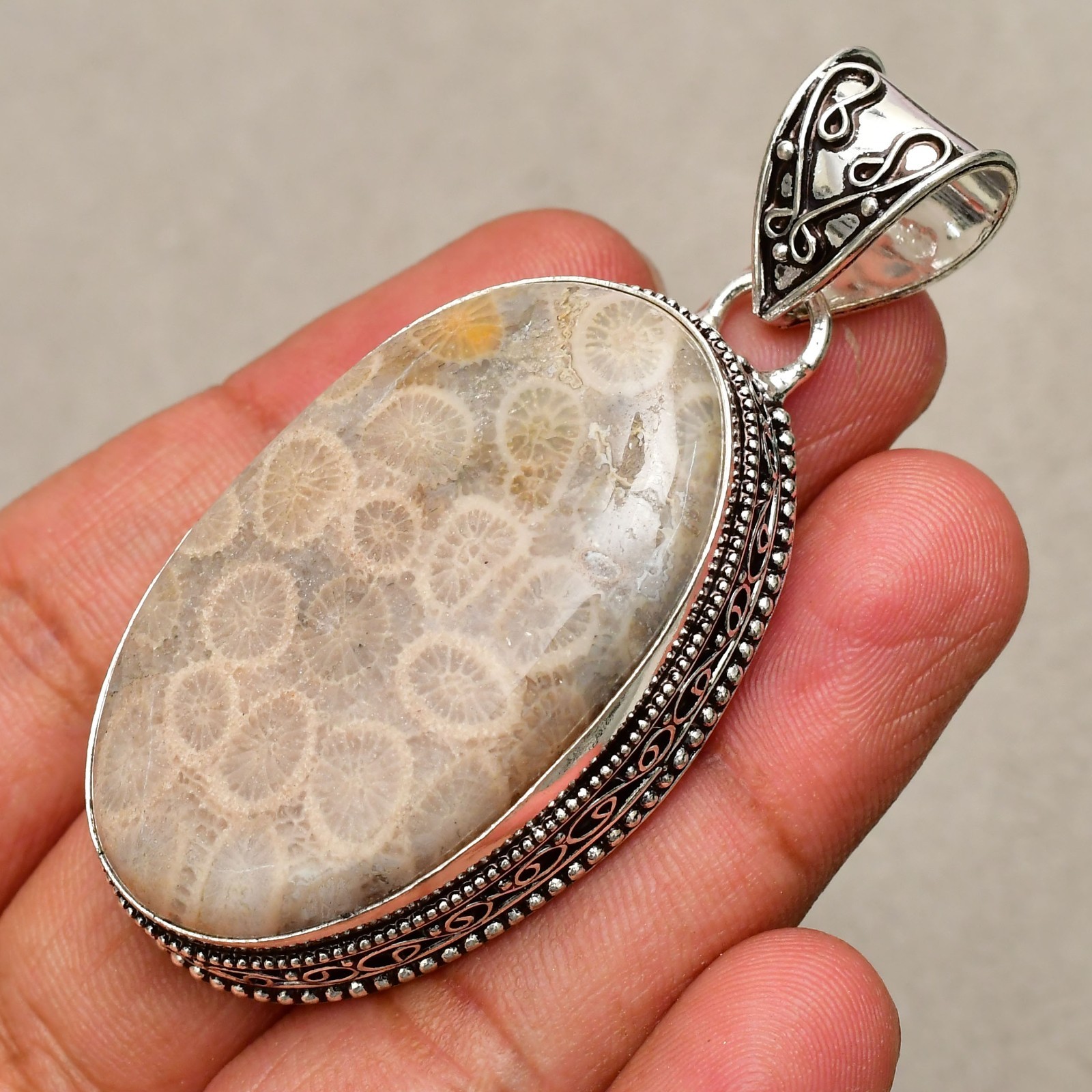Fossil Coral Gemstone Handmade 925 Sterling Silver Jewelry Pendant 2.48″