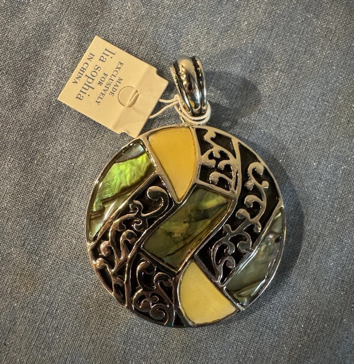Lia Sophia Signed Round Mother of Pearl/Abalone Inlay Pendant Silver Tone