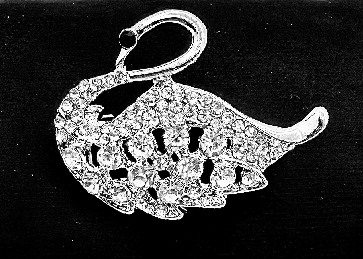 Vintage Inspired Swan Brooch Pin with Rhinestones Silver Tone