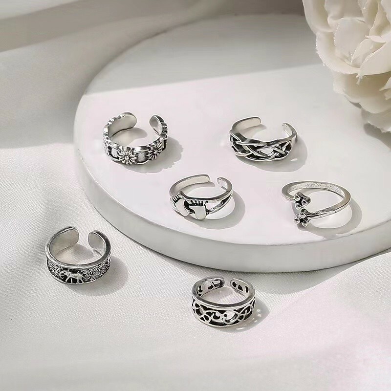 6PC Set Fashion Women Toe Foot Open Size Rings Retro Silver Beach Beauty 1028