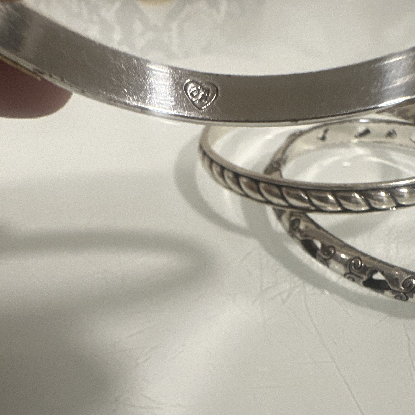 Brighton Silver Plated Stacking Bangle Bracelet Lot of 3 – Scroll, Heart, Rope