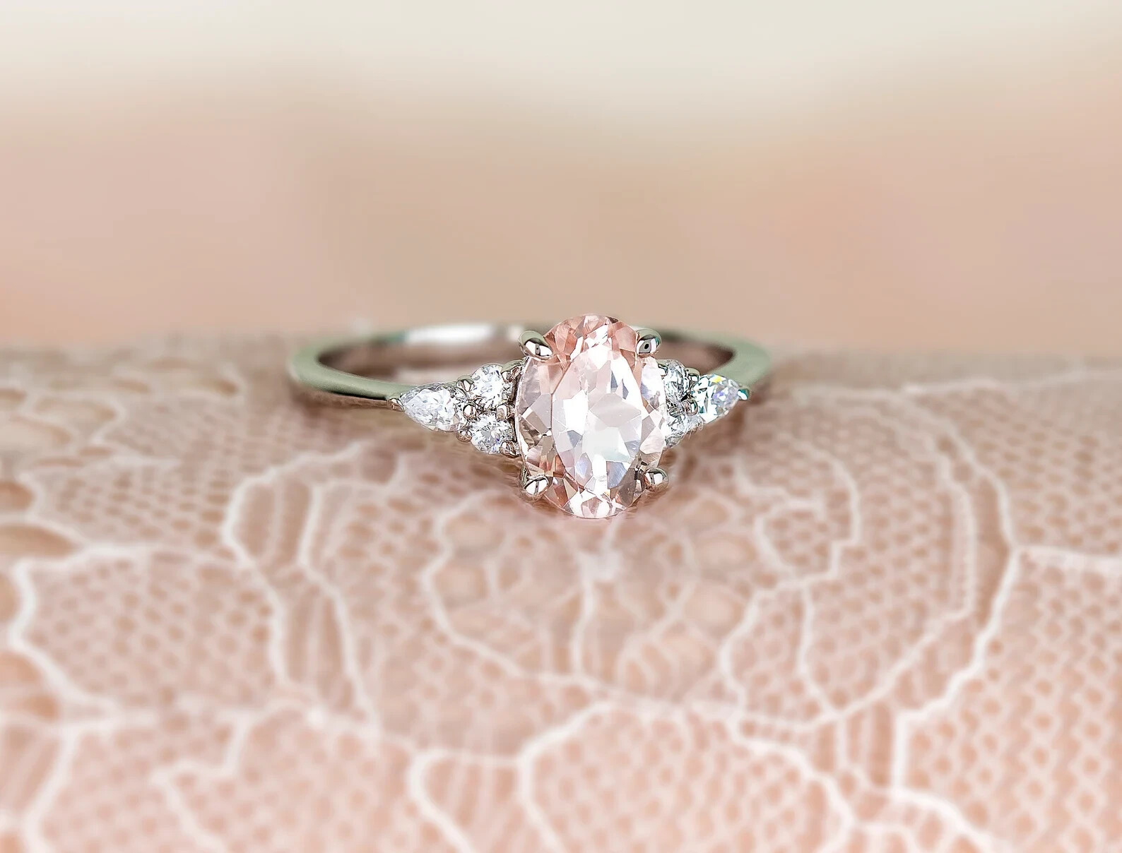 Morganite ring, sterling silver ring, Moissanite rings, anniversary gift for her