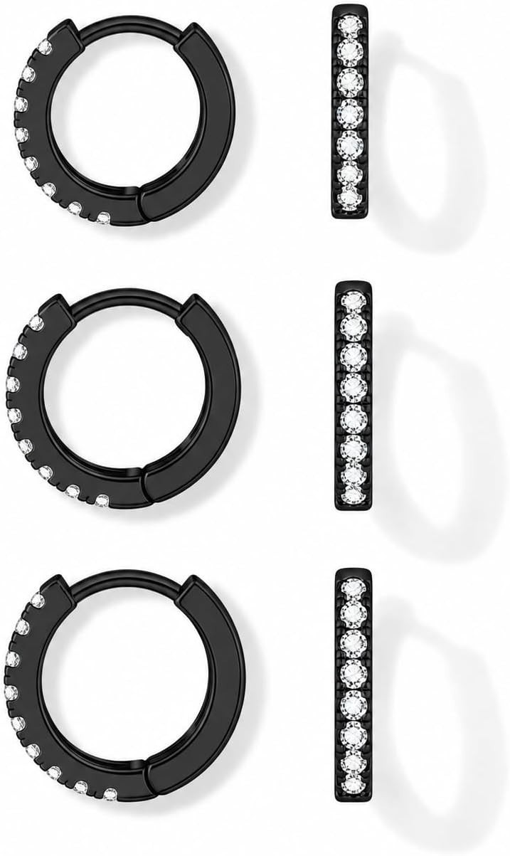 Elegant 3 Pairs Small Black Hoop Earrings with Cubic Zirconia – 8mm, 10mm, 12mm