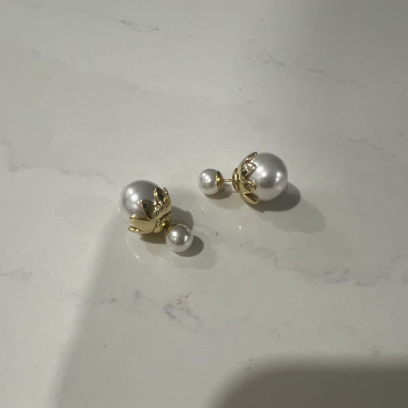 Gold Tone Double Sided Faux Pearl Stud Dangle Drop Earrings White Round Pearl