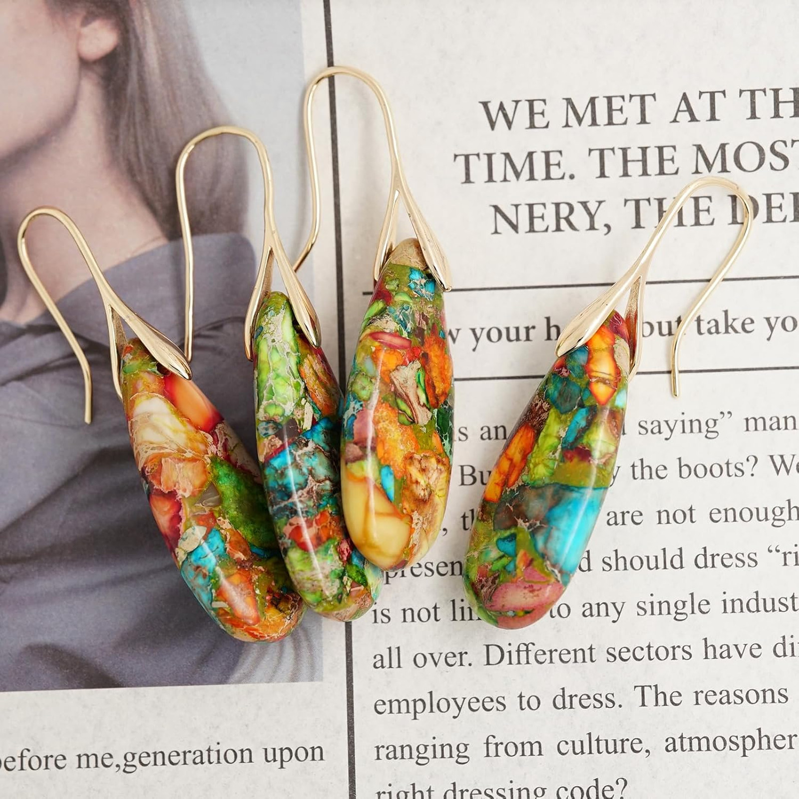 Natural Healing Stone Fishhook Dangle Drop Earrings Gold Silver Statement
