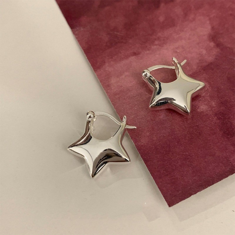 Women’s Silver Three-dimensional Five Pointed Star Ear Buckle Copper Earrings