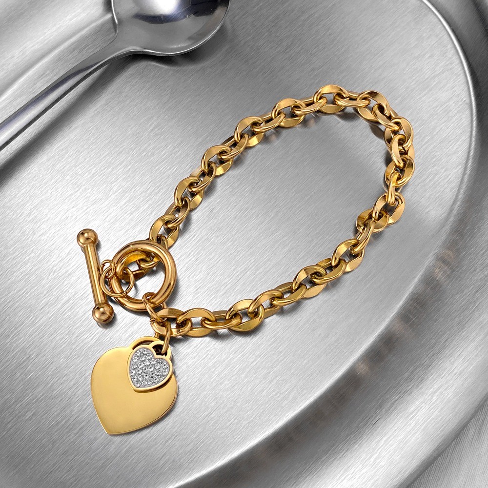 Women’s Heart Inlay Rhinestone Pendant Bracelet OT Buckle Titanium Steel Bracele