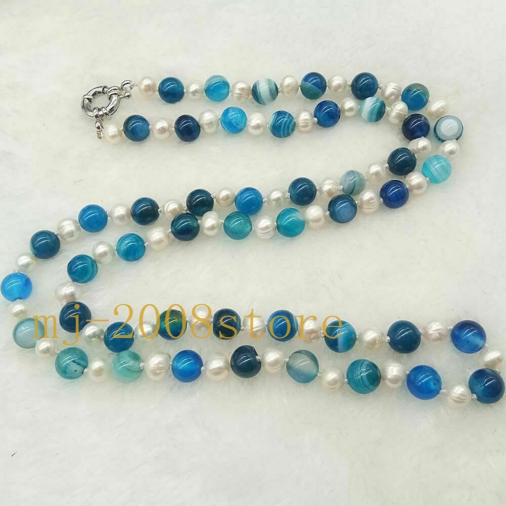 Long 22″24″ 28″ 34″ 36″ 7-8mm White Pearl 8mm Blue Striped Agate Necklace