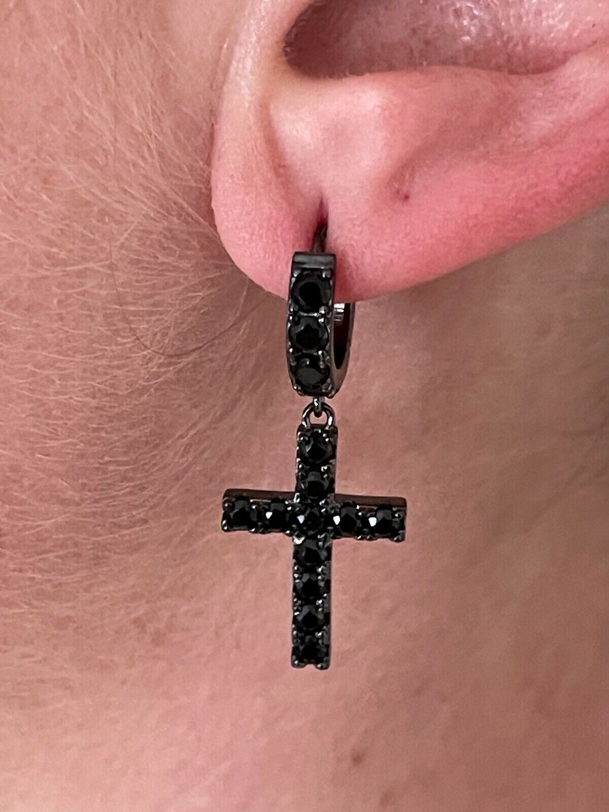 Real Solid 925 Silver Men Ladies Dangle Cross Hoop Earrings Iced Black CZ