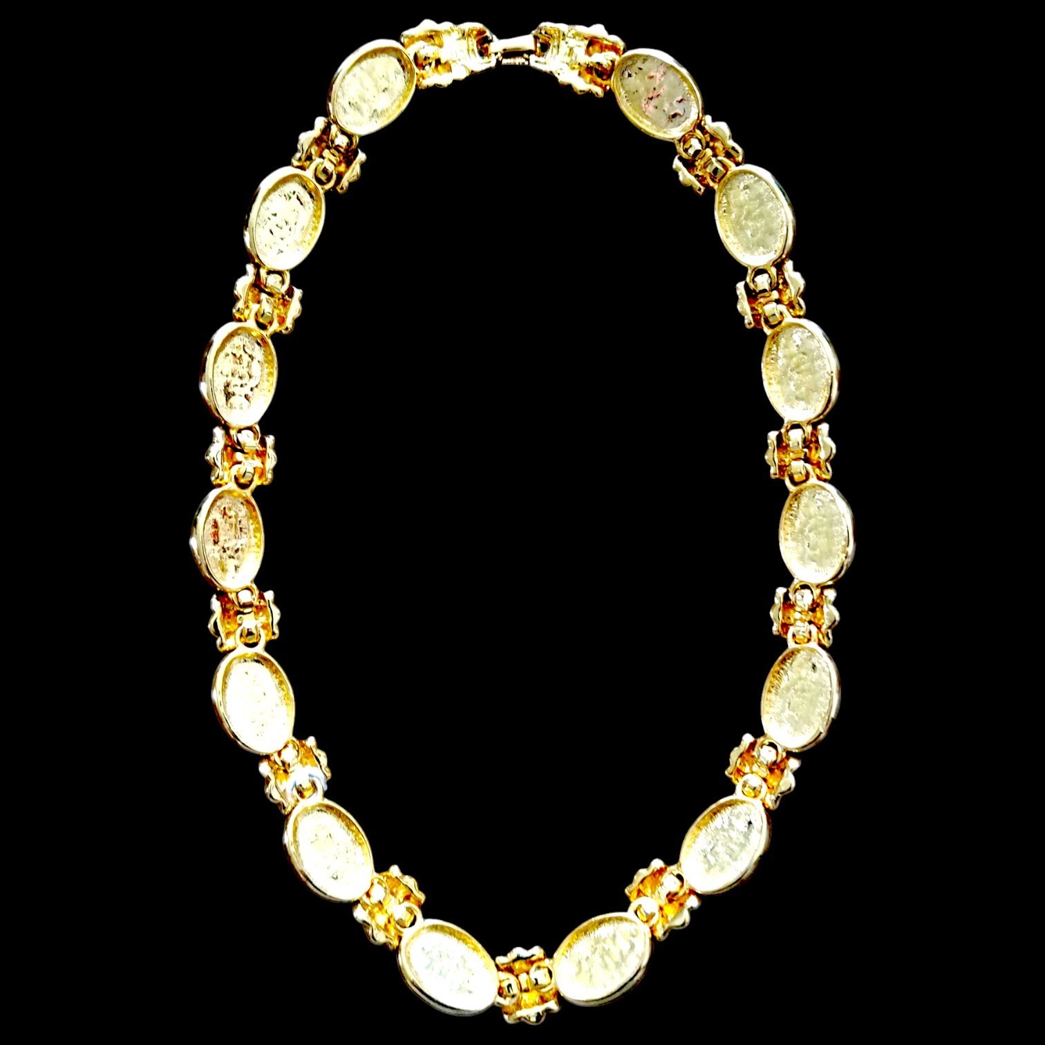 Necklace Gold Plated + Gripoix Poured Glass Multicolored Oval Cabochons Vintage