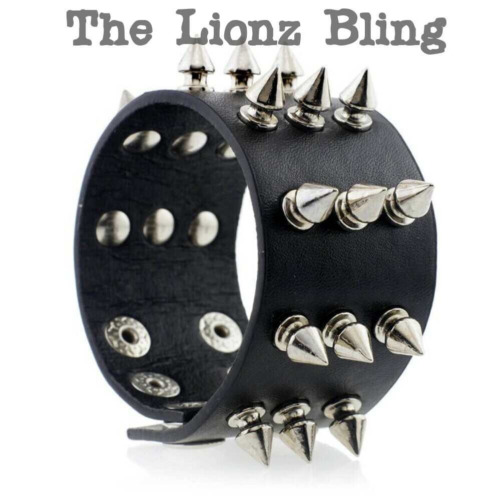 Gothic Punk Black Leather Wide Band Bracelet w/ 3 Rows of Silver Spikes