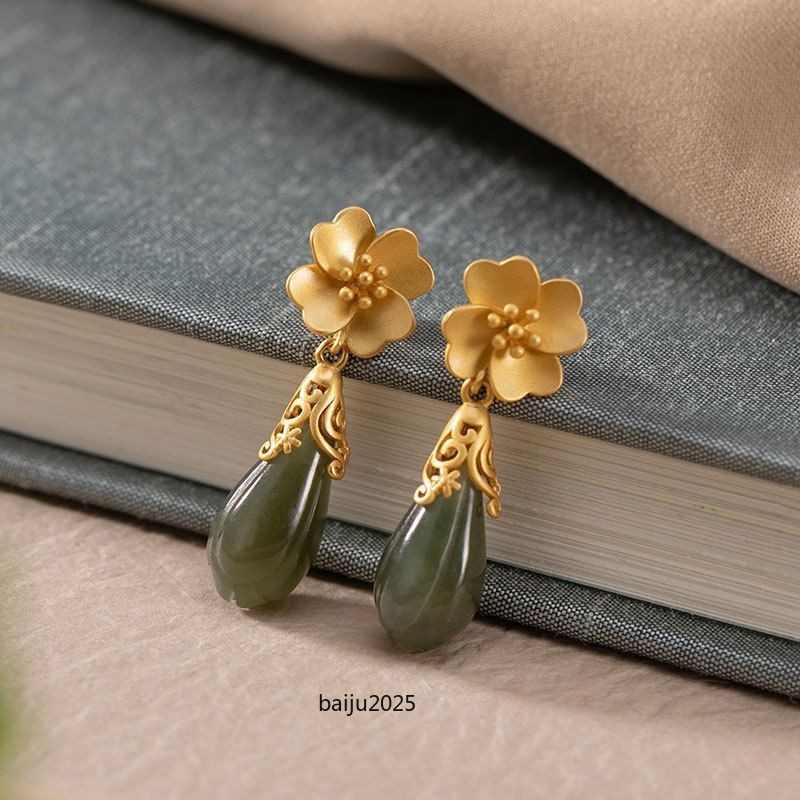 Natural Hetian Jade Earrings Chinese Retro Women Jewelry Amulet