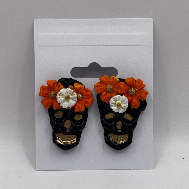 Skull Flower Stud Earrings – Black Orange White Gold Resin/Plastic Halloween
