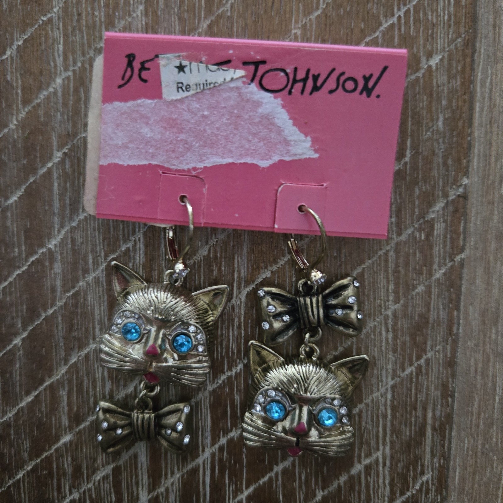 Betsey Johnson Authentic Cat Bow Dangle Drop Earrings Gold Tone Blue Crystal