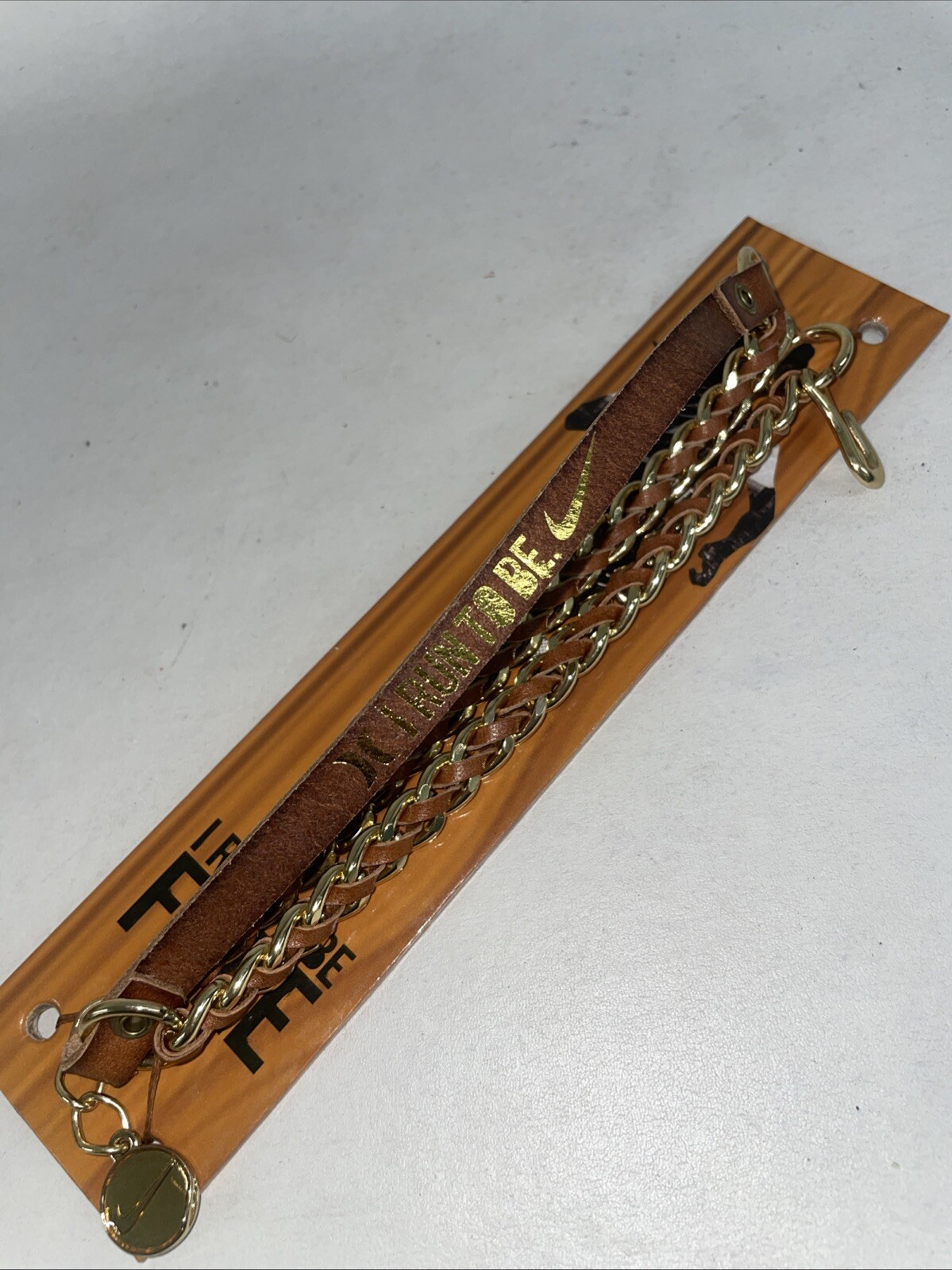 NIKE HURLEY Brown LEATHER BRACELET CHAIN I RUN TO BE FREE Gold Tone Multi Chains