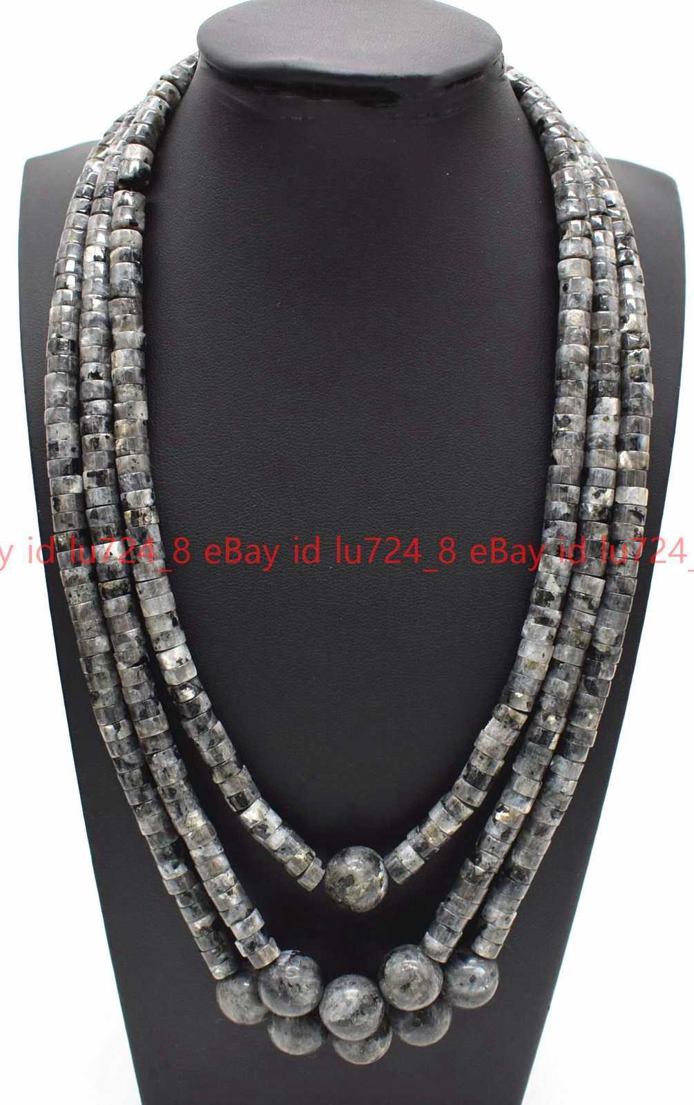 3 Rows 3x6mm Cylindrical &Round Black Labradorite Gemstone Beads Necklace 18-20″
