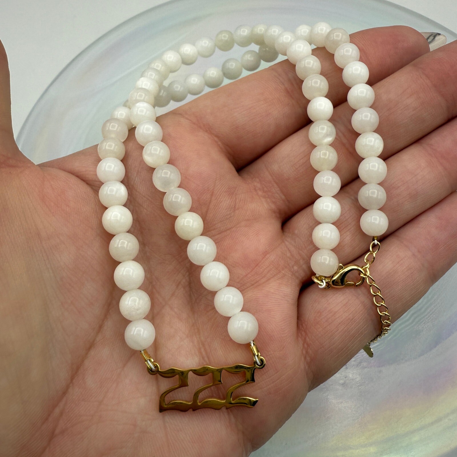 Moonstone 222 Alignment Angel Number Beaded Necklace Gold Accent Women’s Jewelry