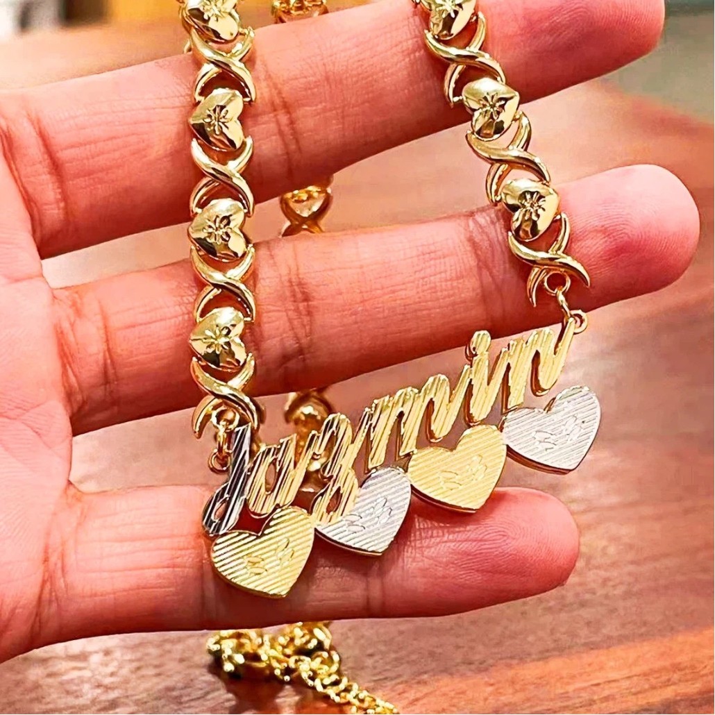 Customized Name Two Color Name Necklace Heart Pendant Stainless Steel XOXO Chain