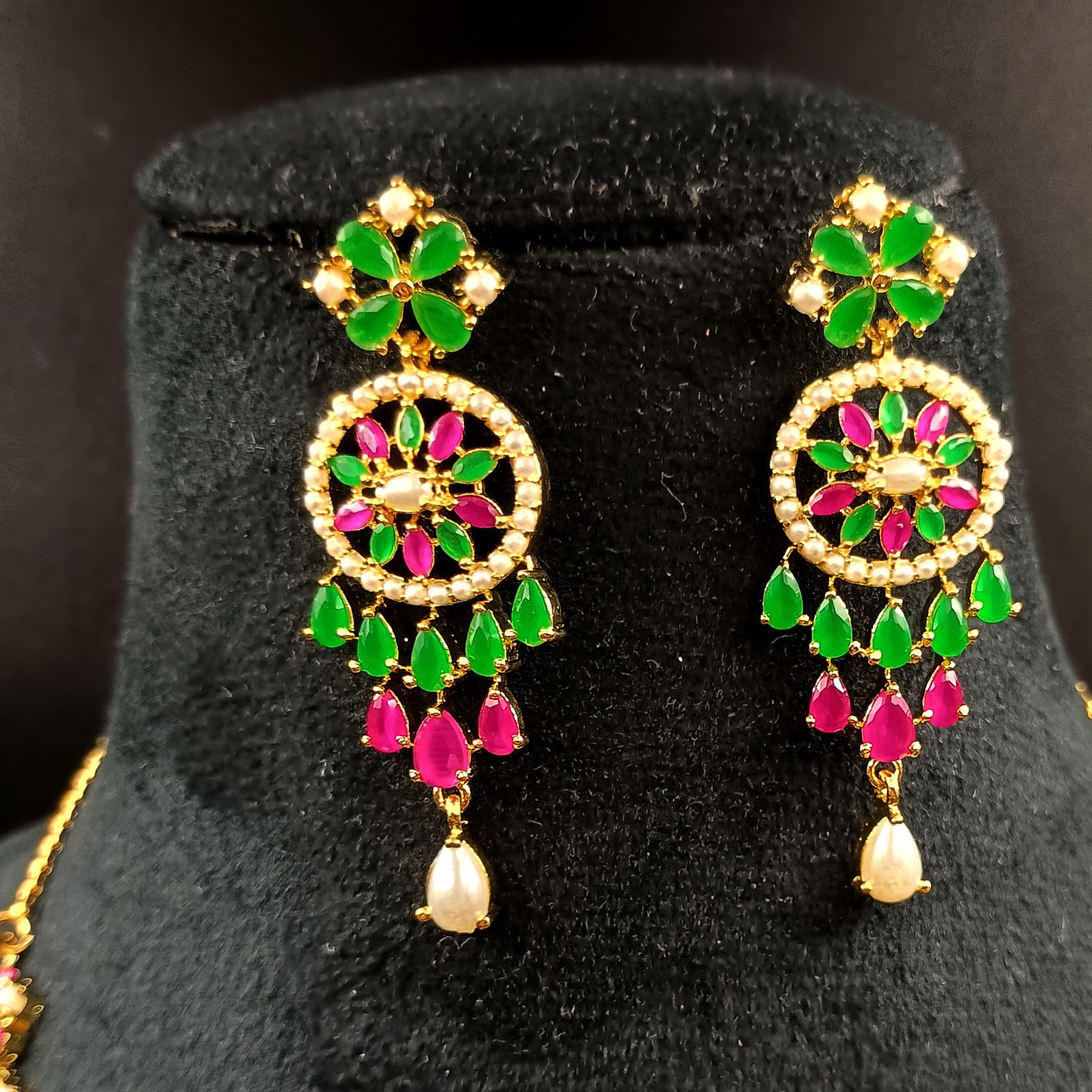 Royal Ruby Emerald Pearl Choker Set 22k Gold Plated Indian Temple Bridal Jewelry